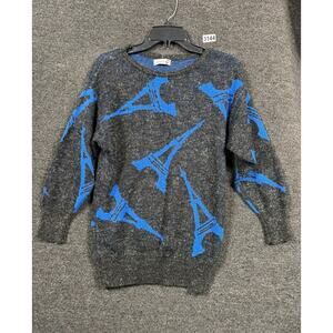 VTG Pandora Knit Sweater Eiffel Tower Print Women Size M Black Blue Long Sleeve